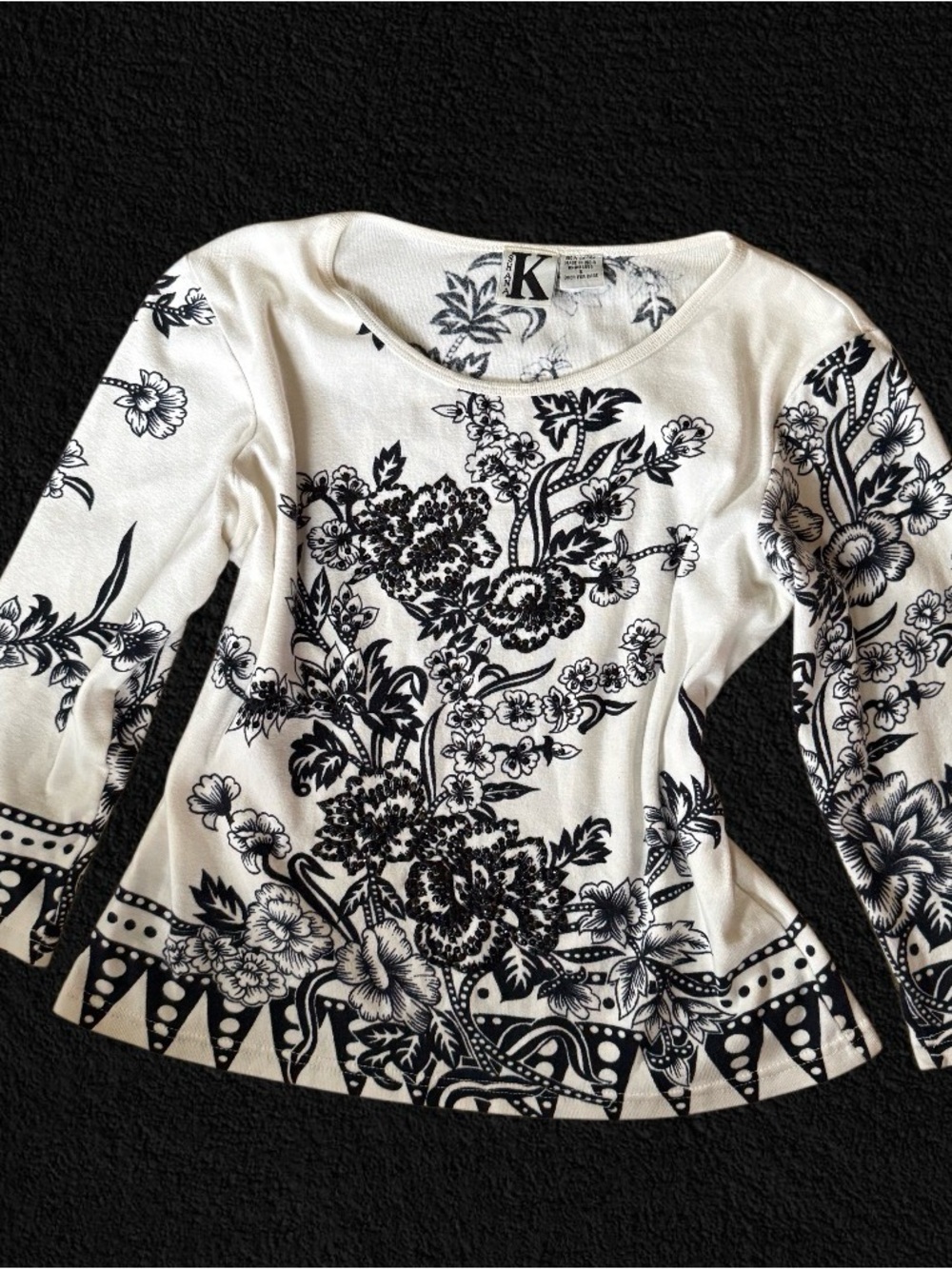 White & Black Floral Scoop Neck Top